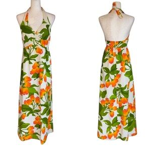 Vintage Malia Honolulu 1960s 70s Orange Green Floral Halter Neck Maxi Dress - S